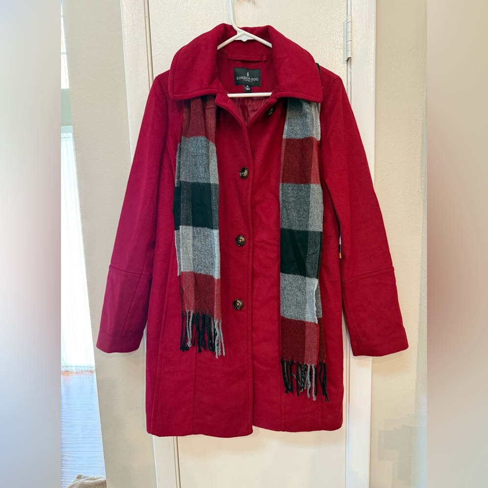 London Fog Women's Red Pea Coat with Plaid Scarf